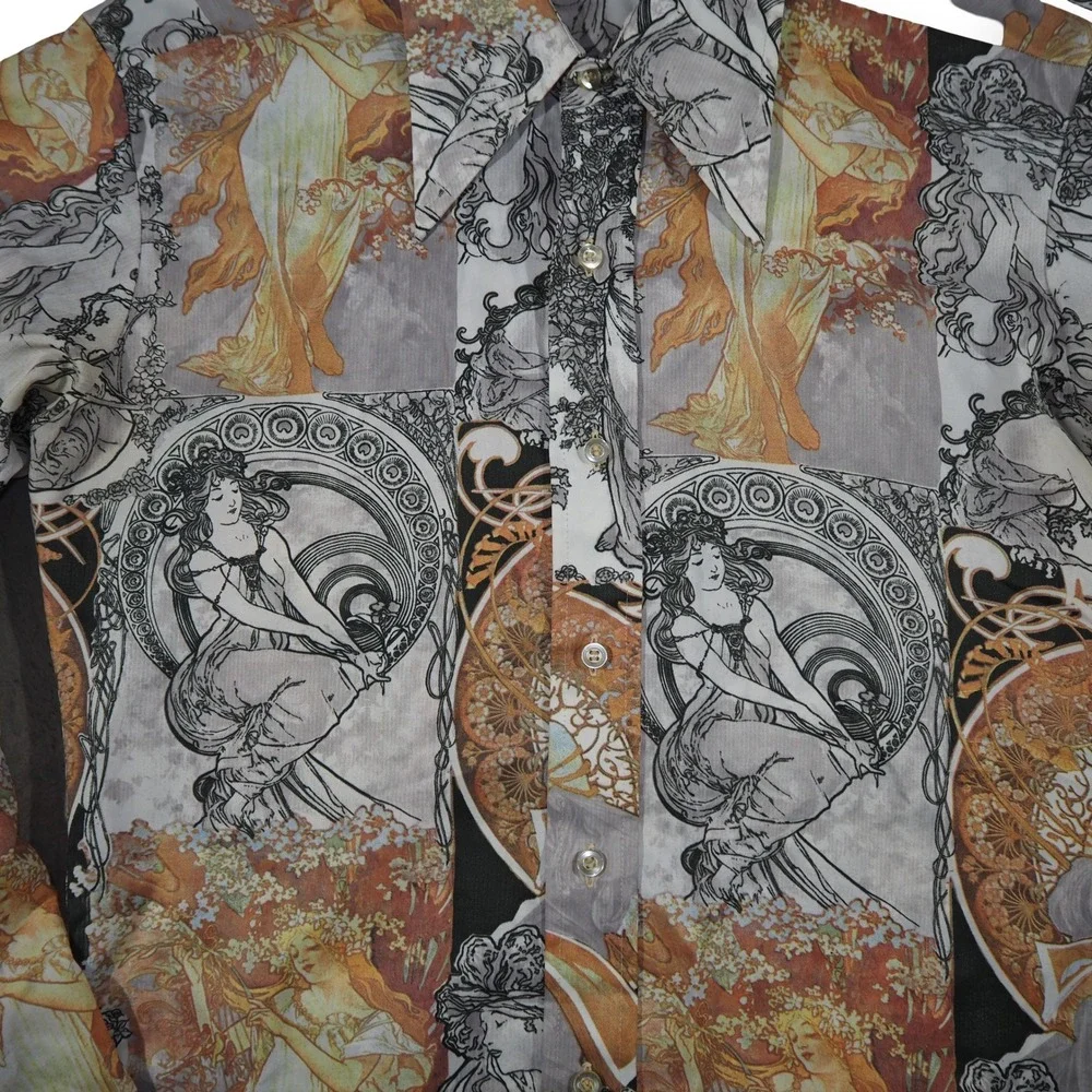 Anghurst Alphonse Mucha Vintage All Over Print Button Up Shirt Mens M Multicolor - Picture 4 of 9
